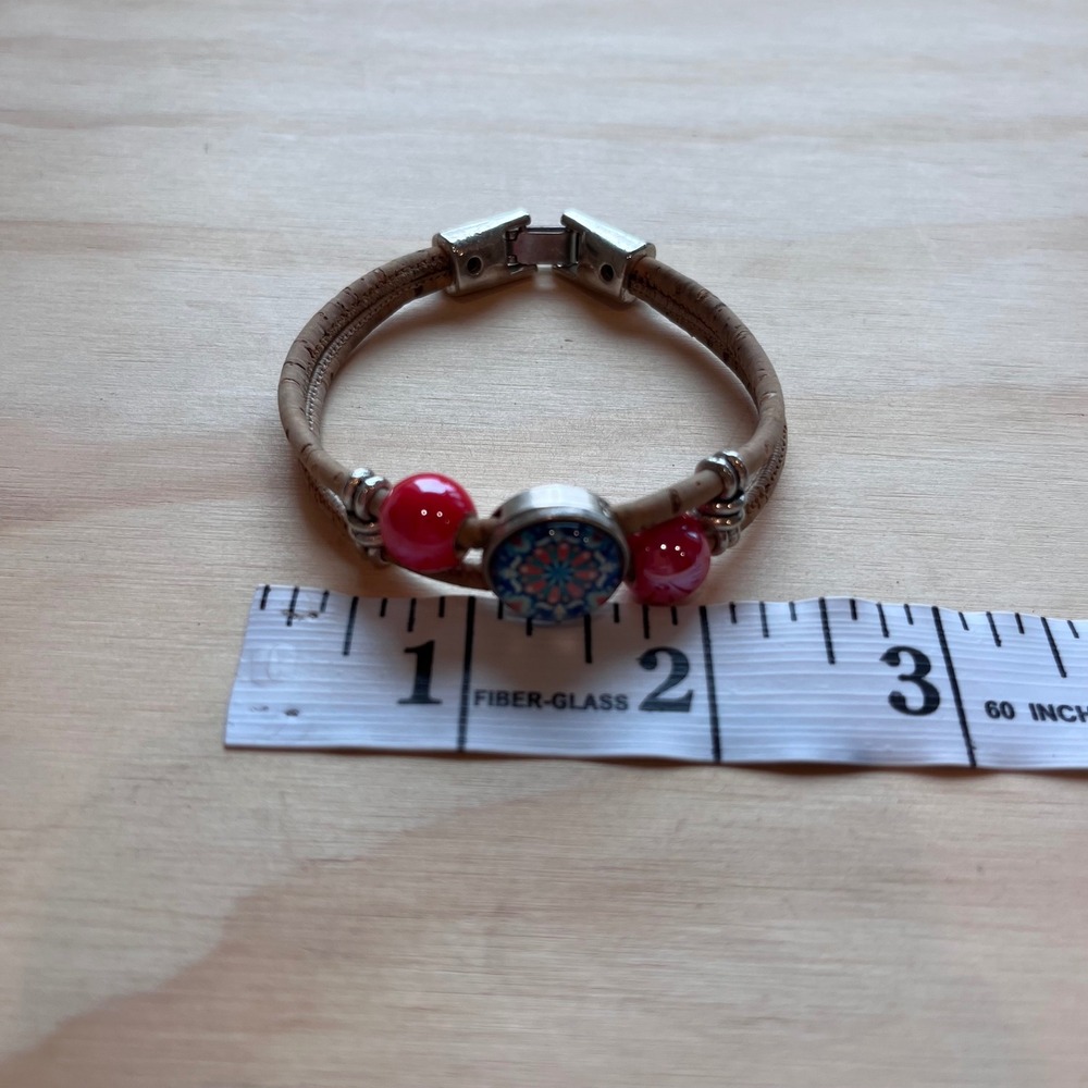 Natural Cork Double Strand Bracelet Red Beads Blue Mandala Glass Cabochon Boho